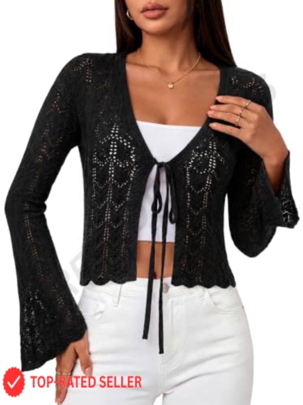 V-Neck Bell Sleeve Tie Front Crochet Cardigan Sweater